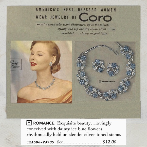 Vintage 1950 Coro Blue Rhinestone Floret Necklace•Clip-on Earrings Set. Pristine - Picture 9 of 12